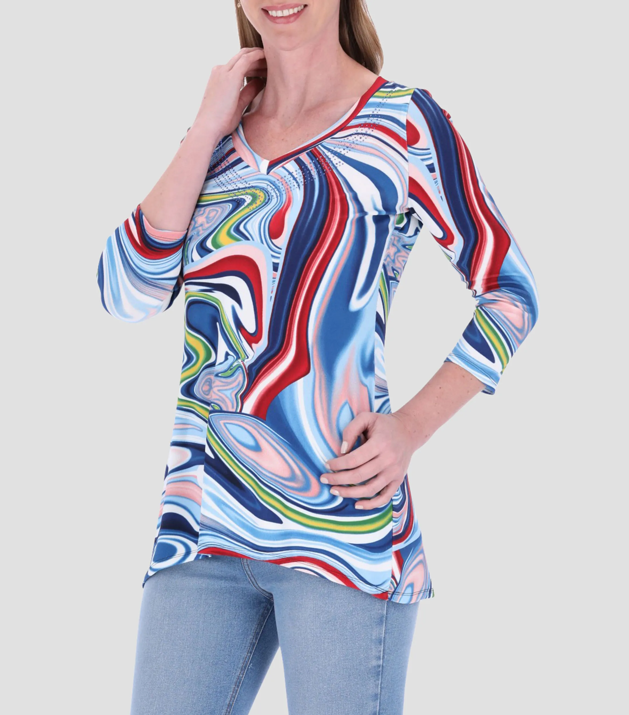 Charme Blusa de cuello V y manga 3,4 Petite Mujer