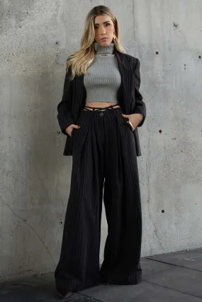 Pantalón de rayas wide leg con lazo cruzado cintura